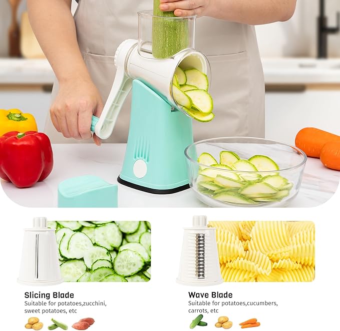 5-in-1 Rotary Cheese Grater Hand Crank, Vegetable Slicer Shredder with 5 Interchangeable Blades, Graters for Kitchen, Safe Kitchen Tool for Cheese, Nuts, Blue