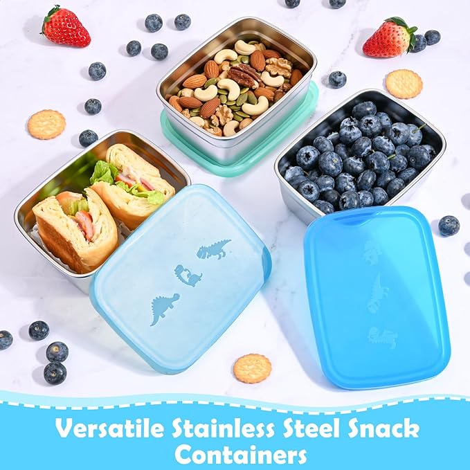 Tanjiae 3-Pack Stainless Steel Snack Containers for Kids & Toddlers - 550ml (18oz) Leakproof Colorful Lids with Cute Dinosaurs | LFGB Certified, Stackable Metal Lunch Box for Daycare, School, Travel