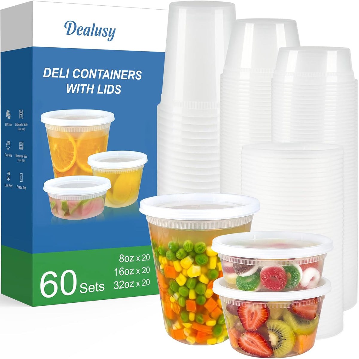 60 Set Deli Containers with Lids, 32/16/8 oz X 20 Set Each