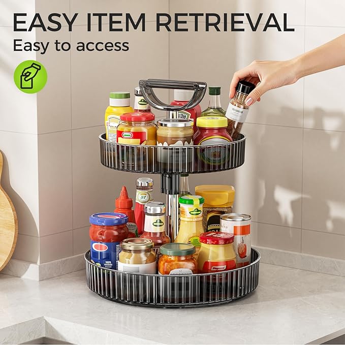 Lazy Susan Organizer – 2 Tier Rotating Spice Rack Turntable, 11.4" Plastic Spinning Organizer for Kitchen Cabinet Pantry Countertop Cupboard Bathroom Storage