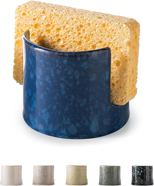 Zoeeker Kitchen Sponge Holder, Ceramic Sponge Organizer Scrubby Holder Sink Caddy Dish Rack for Kitchen and Bathroom, Farmhouse Decor, Blue