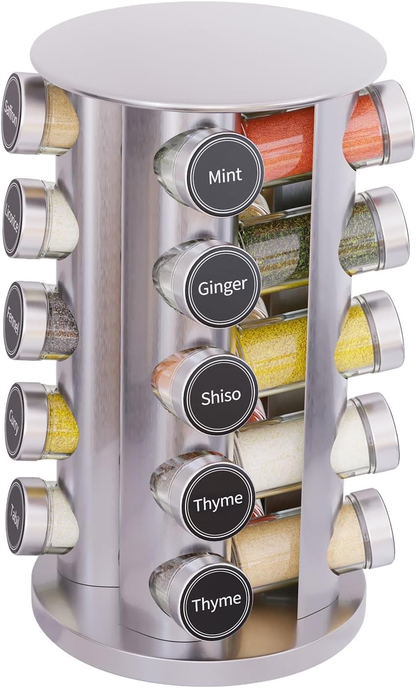 Revolving Spice Rack Set with 20 Spice Jars, Kitchen Spice Tower Organizer for Countertop or Cabinet - Carousel Storage Includes 386 Spice Labels (Silver)