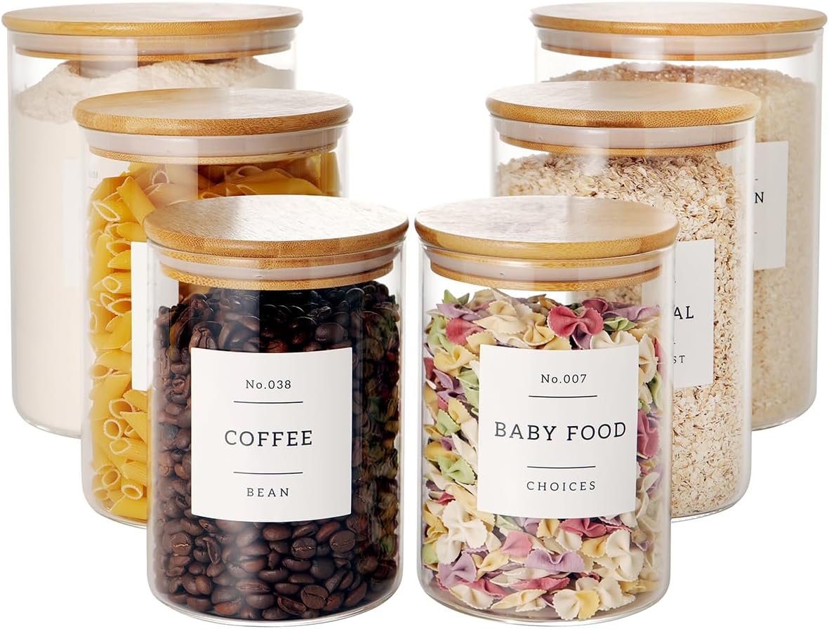 Set of 6 Glass Flour and Sugar jars with 132 Kitchen Pantry Labels - Thicken Large Glass Storage containers with Airtight Bamboo Lid - Rice Canisters for Salt Coffee - 100OZ/54OZ/27OZ