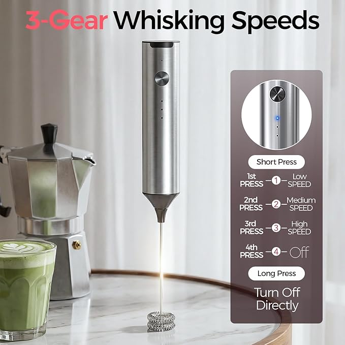 YARRAMATE Rechargeable Milk Frother with Stand, Coffee Frother Stirrer Wand, Handheld Drink Mixer with Stainless Steel Whisk, Electric Whisk Foam Maker for Lattes, Cappuccino, Matcha, Protein Powder