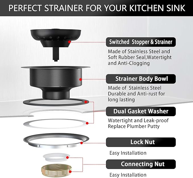 Black Sink Drain 3-1/2 Inch Matte Black Kitchen Sink Drain Strainer Assembly Kit with Strainer Basket and Drain Stopper for Standard Kitchen Sink Stainless Steel