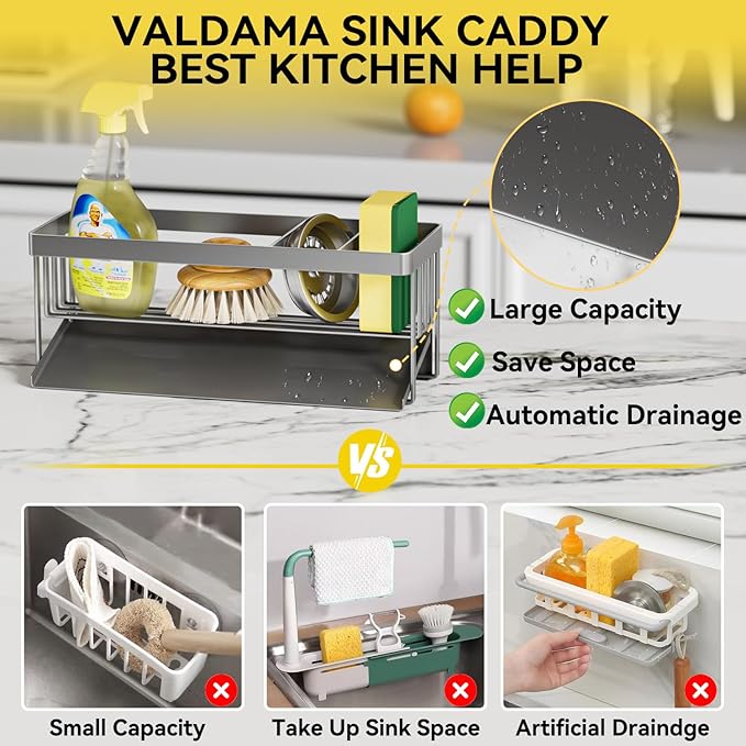 Kitchen Sink Caddy Organzier with Sponge Holder and Removable Drip Tray for Kitchen Sink, 304 Stainless Steel Organize for Sponge Soap Dish Brush Storage Accessories(Grey)