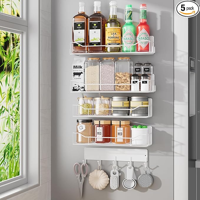 Magnetic Spice Rack for Refrigerator, 5 Pack Metal Strong Magnet Spice Organizer Shelves with Hook Rack