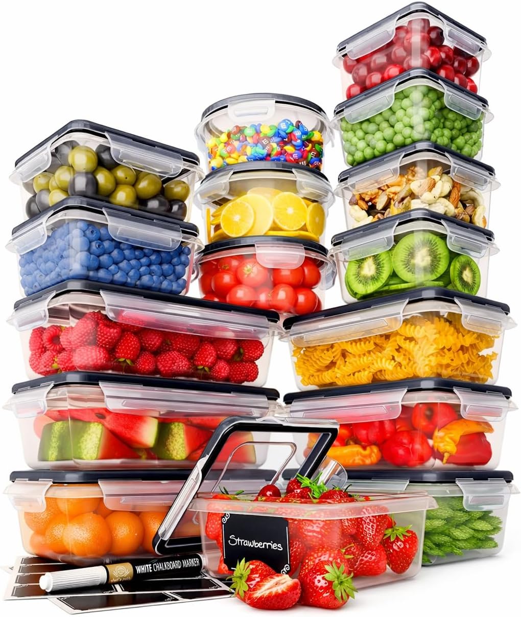 32 Piece Airtight Food Storage Containers with Easy Snap Lids, 16 Containers and Lids, Stackable Kitchen and Pantry Canisters for Meal Prep and Food Storage - Transparent