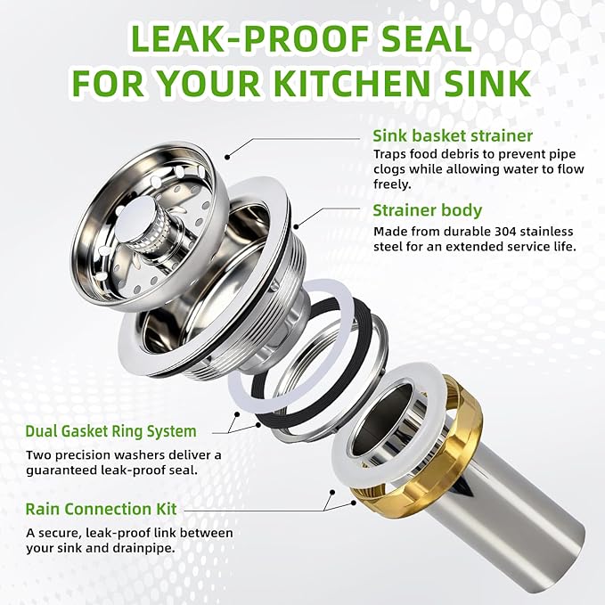 3 In 1 Kitchen Sink Drain Assembly, Stainless Steel Basket Strainer, 3-1/2 Inch Sink Drain Stopper Plug, Threaded Plastic Sink Strainer Tailpiece 1-1/2 in