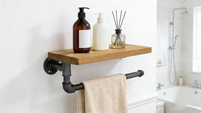 Industrial Vintage Paper Towel Holder Gordon with 13"x6" Shelf Spice Rack TPD-004, Steampunk Loft Style Wall Mount Kitchen Laundary Room Organizer, Wood Metal Water Pipe