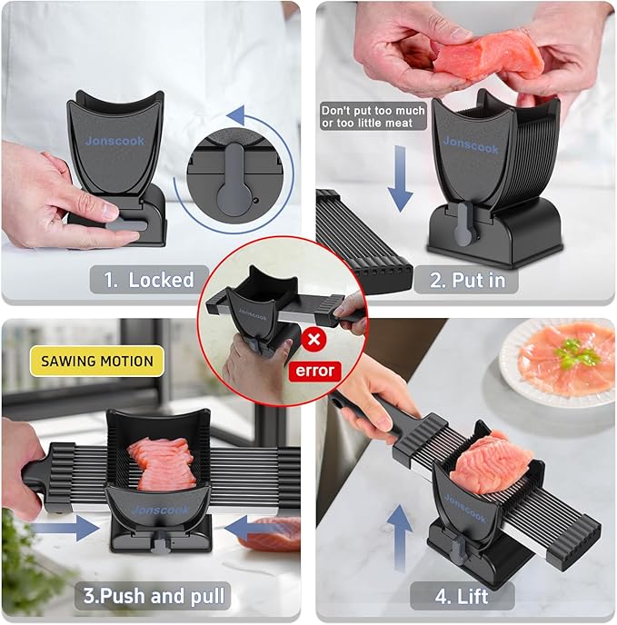 Fresh Meat Slicer, Manual Fresh Meat Cutter, Meal Prep, Adjustable Thickness 2mm or 4mm, 17 Blades get 18 Meat Slices, Meat Cleavers can be Sliced, Striped, Diced -Black