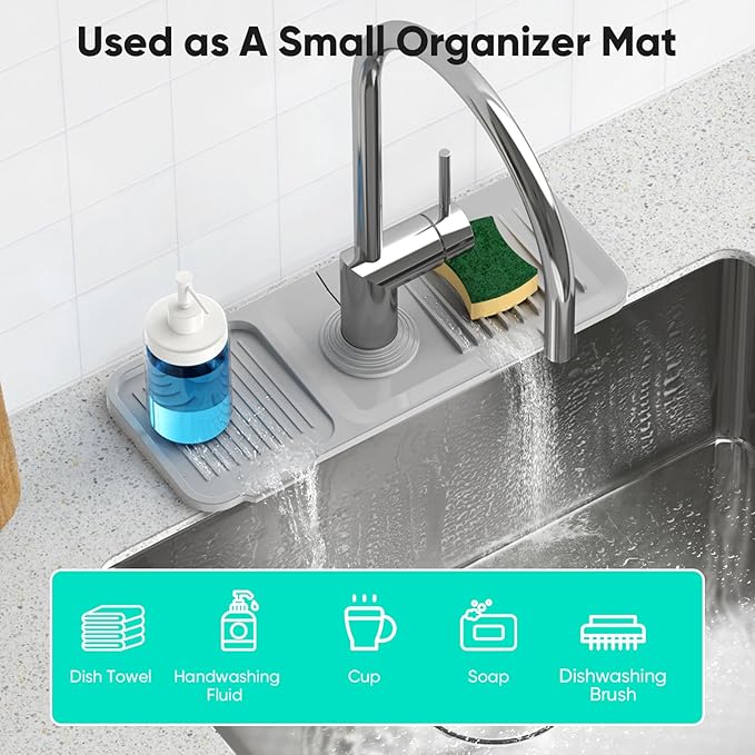 14.6'' Faucet Mat for Kitchen Sink [5°Slope Fast Self-draining] Kitchen Sink Splash Guard Silicone Kitchen Sink Faucet Mat Splash Guard for Kitchen Sink Area Faucet Guard Draining Mat Light Gray