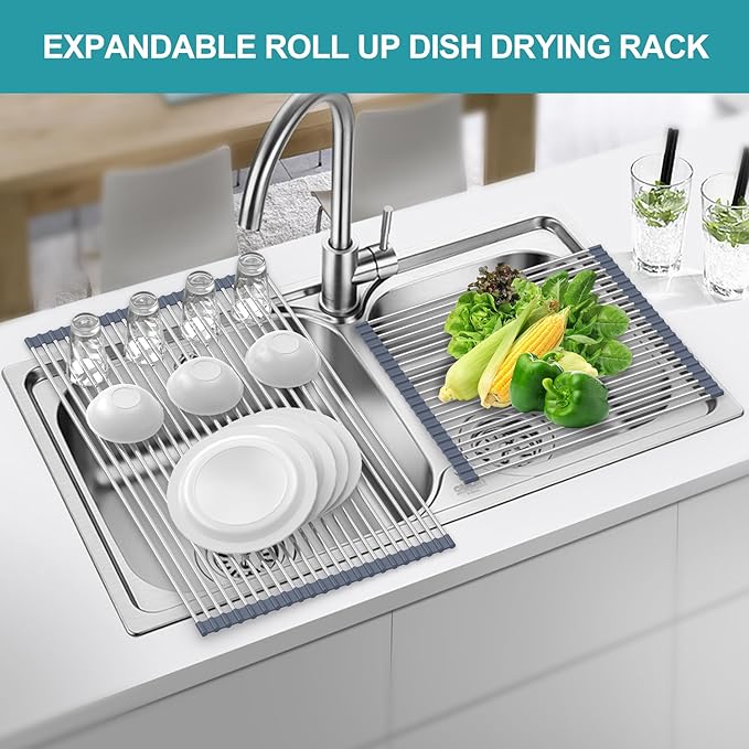 BBXTYLY Extra Large Expandable Roll Up Dish Drying Rack,Over The Sink Drying Rack Sink Cover Kitchen Sink Accessories Kitchen Rolling up Stainless Steel Drainer, Foldable,Rollable（Grey，22.8''-17.3''）