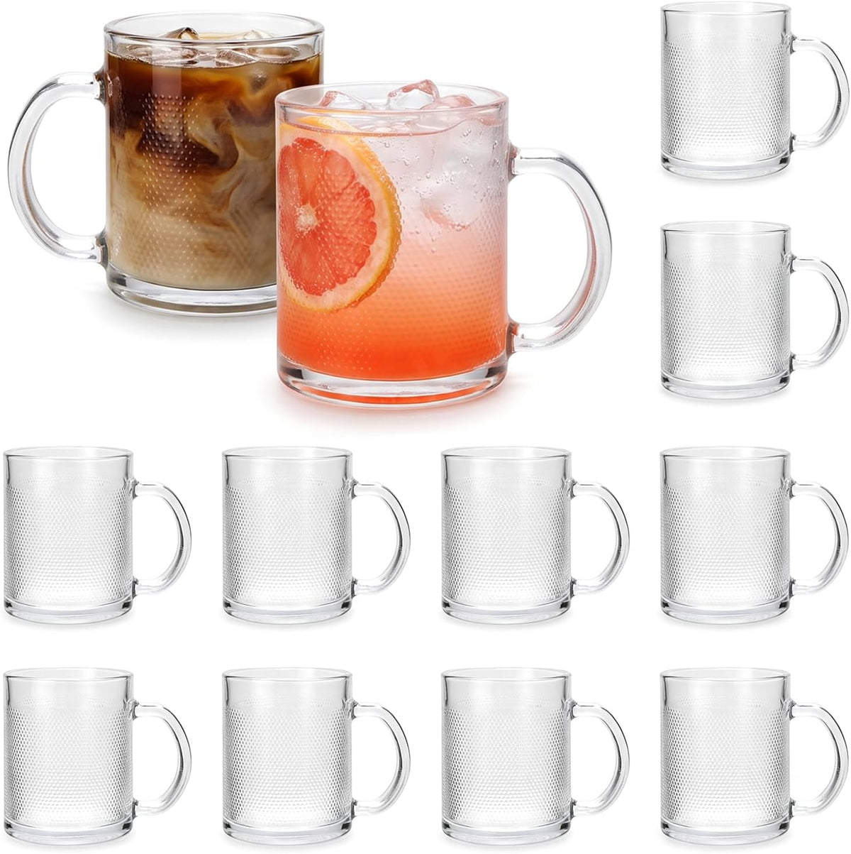12oz Clear Embossed Glass Coffee Mugs Set of 12, Glass Mugs with Handles