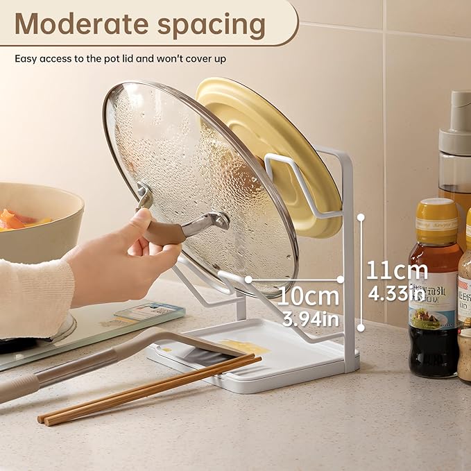 PAVSTINE Pot Lid Holder, 2 Tier Pan Lid Holders While Cooking, Lid and Spoon Rest for Kitchen Counter, Pot Lid Organizer Stand with Drip Tray, Pot Lid Rack Kitchen Utensil Holder Rest, White