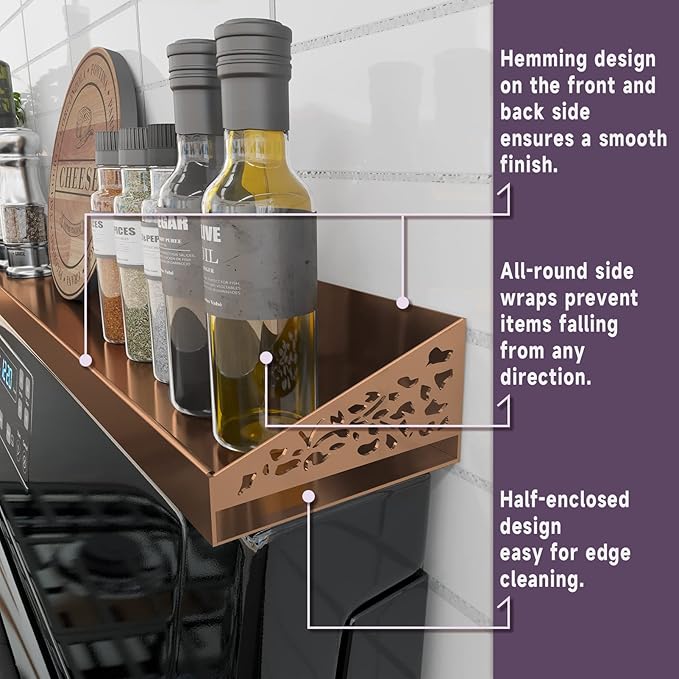 STUTOV 30" Magnetic Stove Top Shelf – Brushed Copper Spice Rack and Seasoning Organizer – Kitchen Shelf for Back of Stove – Over Stove Rack and Storage Organizer