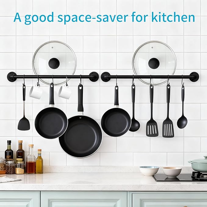 Pipe Hanging Rail for Pots, Pans, Lids, Kitchen Utensils 21 inch 2 Pack, Wall Mounted Rail Rack Pipe Bar with 10 S Hooks Indutrial Style, Black
