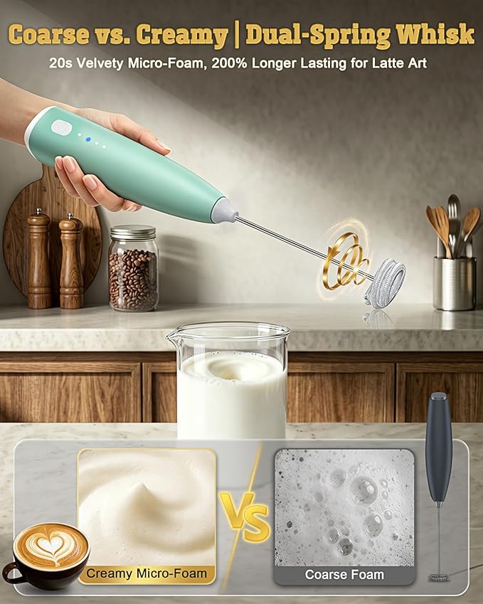 Portable Milk Frother Handheld,Electric Drink Mixer & Wand, 3 Detachable Stainless Steel Whisks, 3 Adjustable Speeds Quiet, USB C Rechargeable for Coffee, Latte, Matcha, Home & Kitchen (Light green)