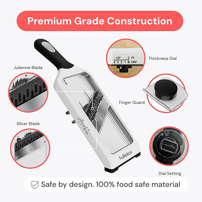 Fullstar 2-in-1 Handheld Mandoline Slicer for Kitchen - 4 Thickness Settings Vegetable Food Onion Slicer, Julienne Blade, Stainless Steel Guard, Easy to Use, Sharp Blades, Veggie Slicer & Fruit Cutter