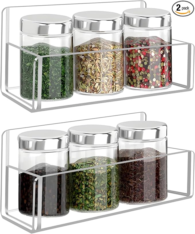 Acrylic Spice Rack Wall Mount-6 Inch, Clear Spice Shelf Storage Holder, 2 Pack Hanging Seasoning Rack Organizer for Cabinet Door, Cupboard or Wall Kitchen (Adhesive or Screw)