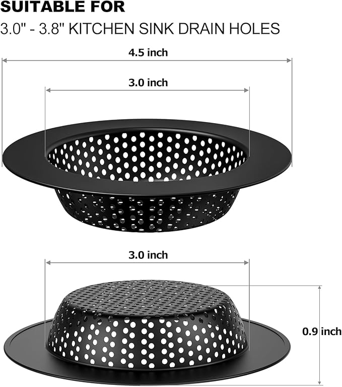 Huntonry Black Kitchen Sink Drain Strainer, Sink Drain Cover, Food Catcher, Large Wide Rim 4.5" Diameter, Stainless Steel, Pack of 2