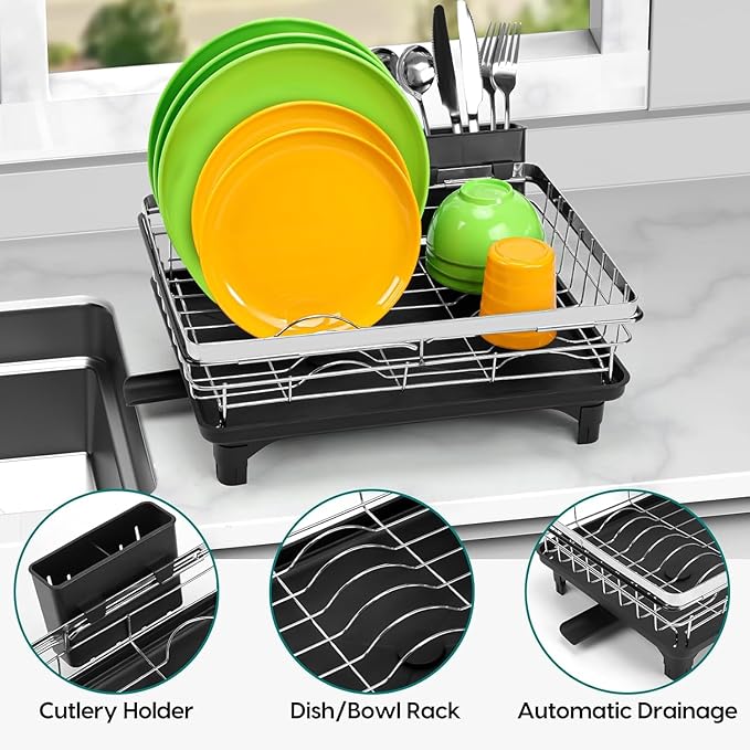 MERRYBOX Stainless Steel Dish Drying Rack, Expandable Dish Drainers for Kitchen Sink, Non-Slip & Durable - Sink Dish Rack with Large Cutlery Holder (Adjustable 15.4" to 23" cm)