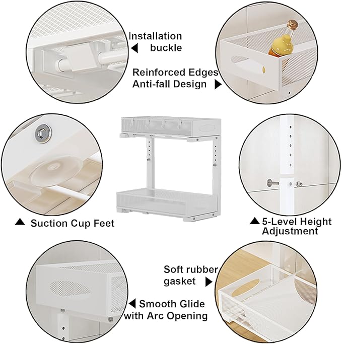 2 Pack Under Sink Pull Out Organizer, 5-Level Adjustable Height to Fit U/L Shape Plumbing Pipes, Carbon Steel 2-Tier Storage Rack for Kitchen Bathroom Cabinet, White