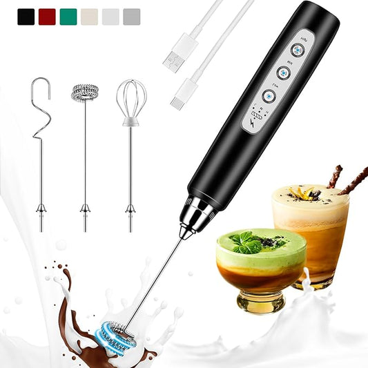 Colarlemo Milk Frother Handheld Rechargeable, Frother Wand Drink Mixer Electric Whisk for Coffee, Detachable With 3 Stainless Whisks, Hand Mixer for Lattes, Cappuccino, Matcha, Egg, No Stand,Black