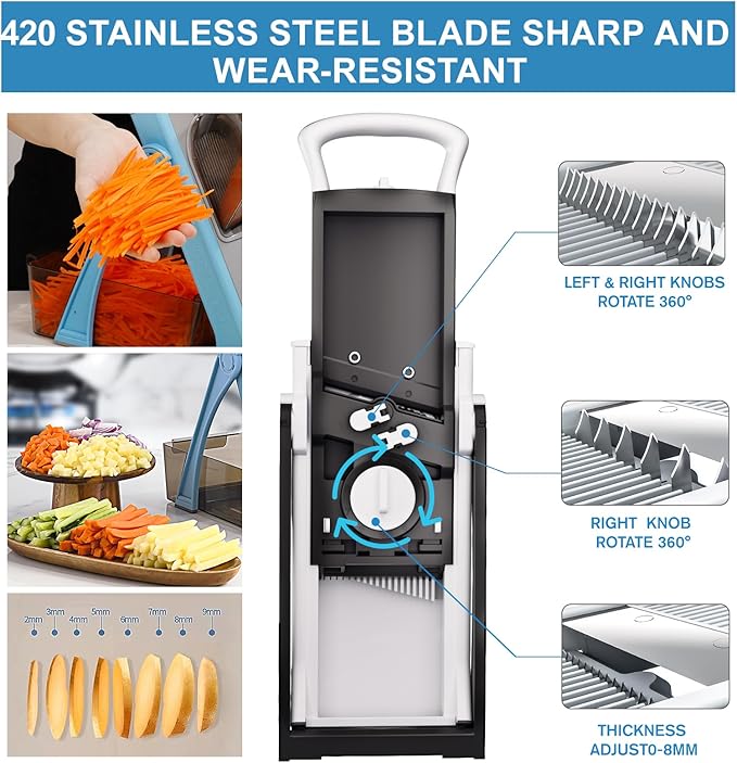 [All in 1] Upgraded Version Safe Mandoline Slicer for Kitchen, Adjustable Thickness. Veggie Slicer, Rapid Prep Mandoline, Detachable Blade, Cleaning Brush (WhiteBlack)