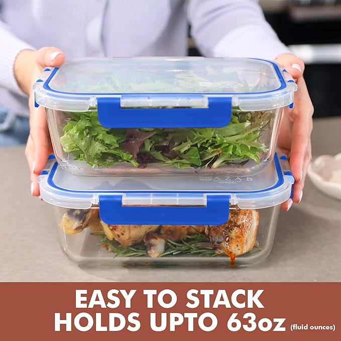 Razab 2 Pcs 1860ml / 63 Oz Large Glass Food Storage Containers with Lids - Glass Meal Prep Containers with Locking Lids for Roasting, Storing Leftover, Lunch Container, BPA Free, Microwave & Oven Safe