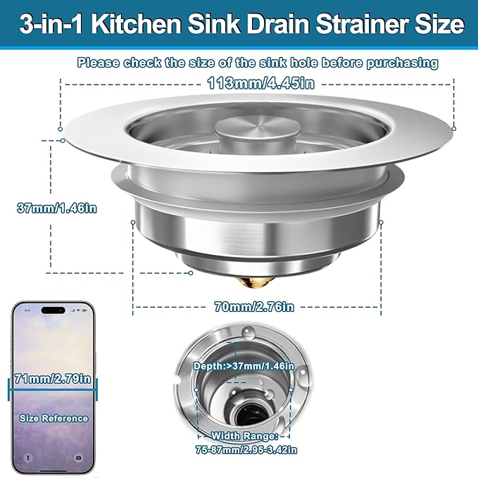 Sink Drain Strainer 3 in 1, 304 Stainless Steel Pop Up Kitchen Sink Stopper with Anti-Clogging Basket, Kitchen Essential Drain Anti-Clog Gadgets, Fits US Standard 3-1/2'' Sink Drain (Silver, 2 Pack)