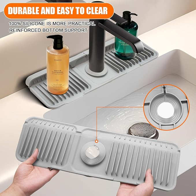 17.7" Silicone Faucet Mat for Kitchen Sink,7° Draining Mat with Snap Button Lock,Faucet Splash Guard and Sink Counter Organizer,Trim-to-Fit Kitchen Faucet Protector for Sponge Brush Cup