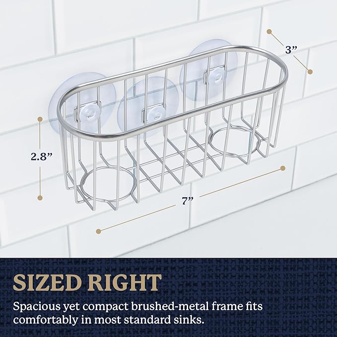 Farberware Sponge Holder for Kitchen Sink—Brushed Metal Sink Caddy Organizer with Triple Suction Cups, Kitchen Organizer for Sponges, Brushes, Soap & Cleaning Essentials
