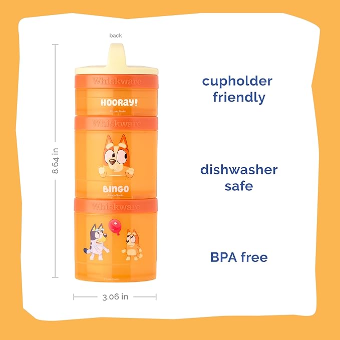 Whiskware Bluey Stackable Snack Containers for Kids and Toddlers, 3 Stackable Snack Cups for School and Travel, Bluey and Bingo, Hooray! (Pack of 1)