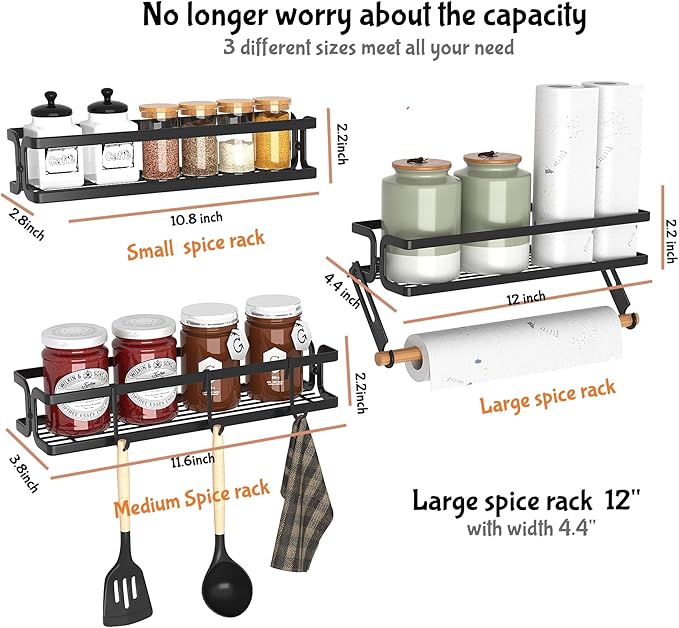 3 Pack Spice Rack Wall Mount with Paper Towel Holder and Hooks, Screw or Adhesive Hanging Spice Shelf, Space Saving Spice Organizer for Seasonings, Spice Racks for Stove Rv Cabinet Black