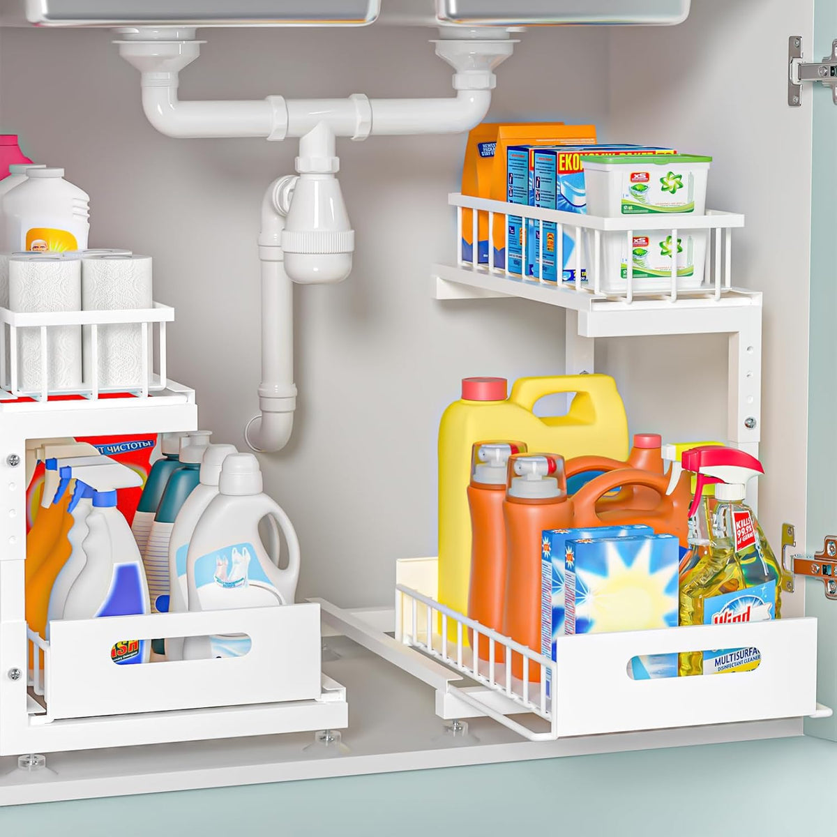 2-Pack L-Shaped Under Sink Organizer, 2-Tier Pull-out Cabinet Rack