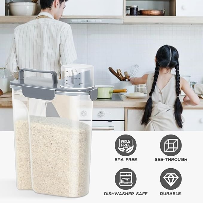 TBMAXS Rice Storage Container 10 Lbs, Airtight Food Dispenser with Large Spout and Cup for Pet Dog Cat Food Storage 7 Lbs