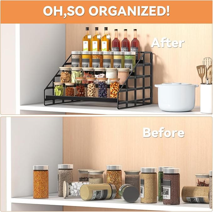 Bunoxea Spice Rack 4 Tier Kitchen Cabinet Organizer,Countertop Spice Rack,Tier Depth Adjustable Cabinet Shelf,Step Spice Organization Easy Visibility,Holds Seasoning and Condiments 2Pack