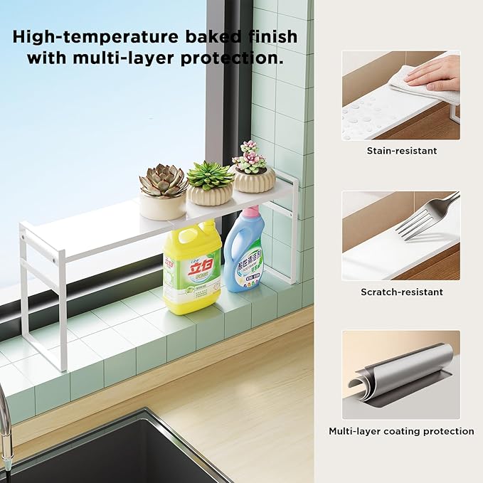 Expandable Narrow Shelf Organizer, Tall Countertop Organizer for Tight Spaces, Windowsill Plant Stand, Over-Sink/Faucet Shelf, Kitchen Counter Storage, Bathroom Vanity, Laundry Room (White)