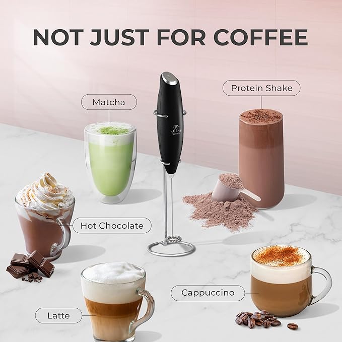 Zulay Kitchen Powerful Milk Frother Wand With Duracell Batteries - Ultra Fast Handheld Drink Mixer - Electric Whisk Foam Maker for Coffee, Lattes, Cappuccino & Matcha - Z1 Motor - Metallic Black