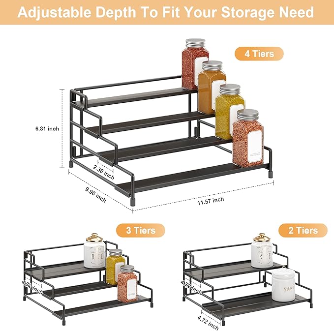 RUILALIFE 4-Tier-Spice-Rack-Organizer-for-Cabinet, Adjustable Depth Spice Holder Shelf For Countertop Pantry Cupboard, Metal Tiered Seasoning Organizer,Display Shelf Riser (Black-1 Pack)