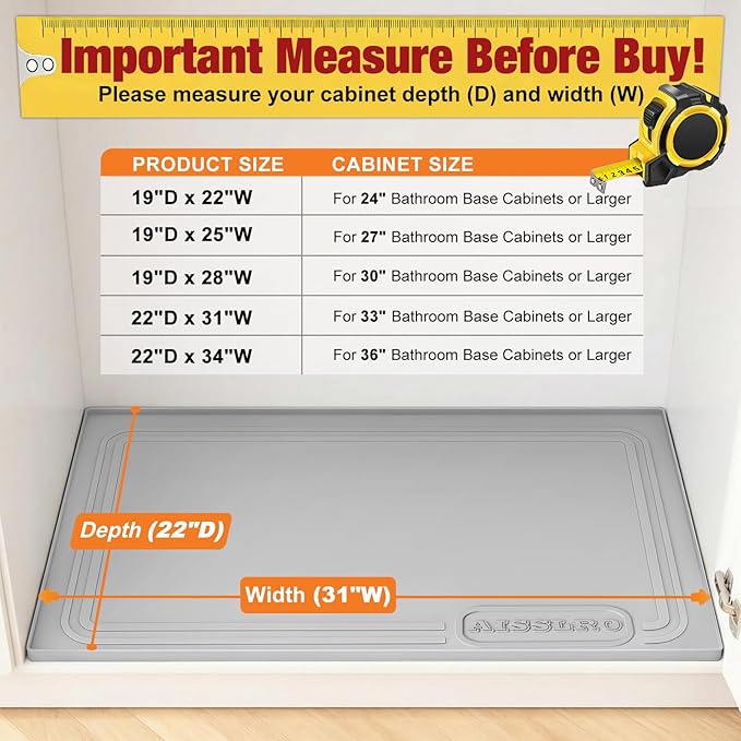 Aisslro Under Sink Mat 31" X 22", Waterproof Silicone Under Sink Mats for Kitchen, Anti-Leak Shelf Liner & Cabinet Protector with Raised Edge, [BPA Free] Bathroom Tray Home Organizer, Gray