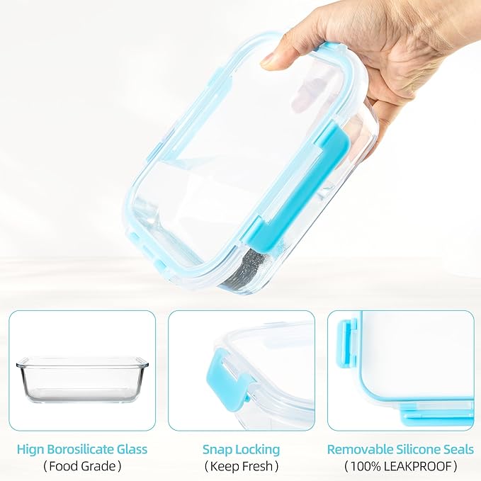 16PCS (8 Bowls + 8 Lids) High Borosilicate Glass Meal Prep Containers, Food Storage Containers with Airtight Lids, Glass Lunch Bento Boxes,Dishwasher Safe, blue