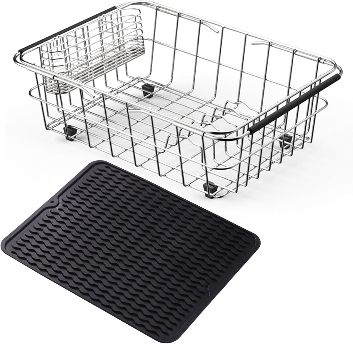 Stainless Steel Dish Drying Rack (15" L X 11" W X 4.1" H), Expandable Fruit & Vegetable Drain Rack Over Sink, Dish Drainer Rack in Sink, with Utensil Holder & Silicone Mat (16")