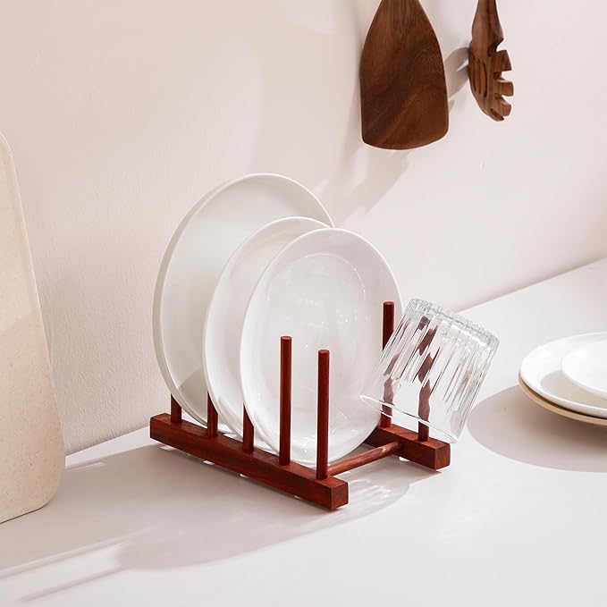 HBlife 4pcs Rosewood Wooden Dish Drying Rack - Home and Kitchen Organizer for Cups, Bowls, Pots, Lids, Cutting Boards & Plates Space-Saving for Cabinets Counters (4 Slots)