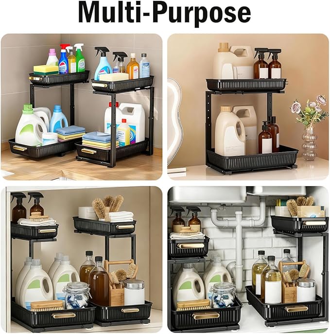 ARSTPEOE Under Sink Organizer - 2 Packs Multi-Purpose Pull-Out Storage Organizers, Slide out Pull out Metal Cabinet Organizer Shelf, Storage for Kitchen Bathroom, Black