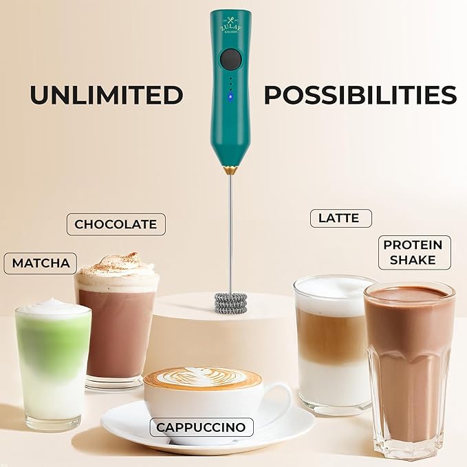 Zulay Kitchen Rechargeable Milk Frother Handheld - Frother Wand, Drink Mixer, Electric Whisk Frother, for Cappuccinos, Matcha & Protein Powder - Dynamic 3 Whisk, 3 Speed 500mAh Green Gold