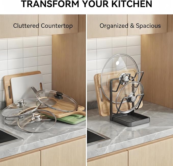 Lispin Kitchen Pot Lid Storage Rack, Pot Lid Holder With Tray, Lid Holder While Cooking, Lid And Spoon Rest, Multifunctional Kitchen Organizer Stand for Stove Top (Gray, Double-layer)
