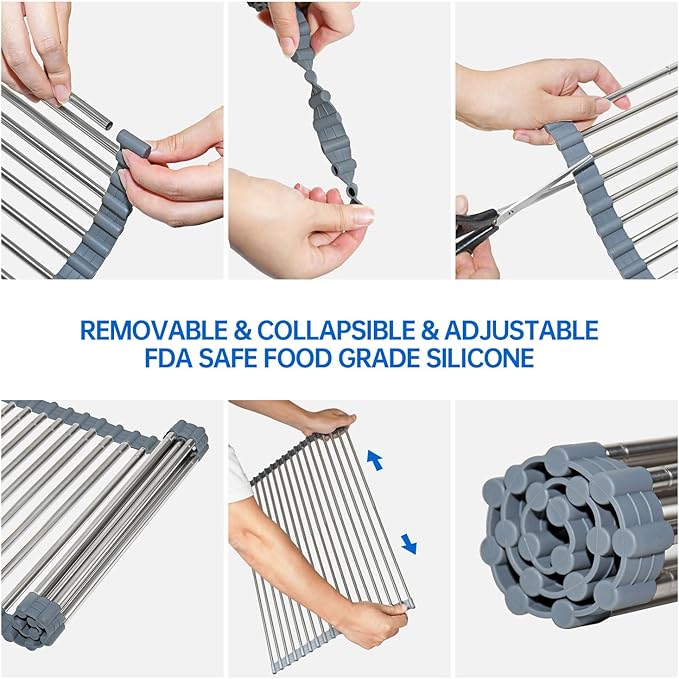 CHIRISEN Expandable Large Roll Up Dish Drying Rack, Foldable Over The Sink Dish Drying Rack, Rolling Dish Drainer Stainless Steel Roll Rack for Kitchen Sink Counter (Gray, 21.25x12.79in)