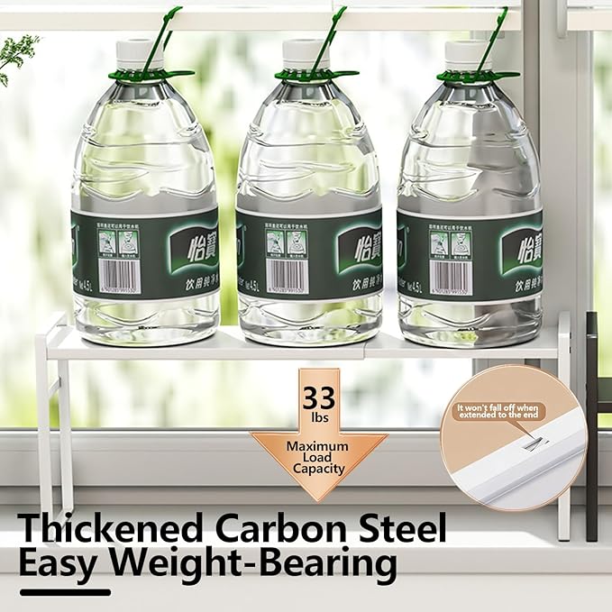 Retractable Over The Sink Shelf - Carbon Steel Window Sill Plant Shelves, Kitchen Counter Shelf for Plants & Storage Organization Accessories (White)